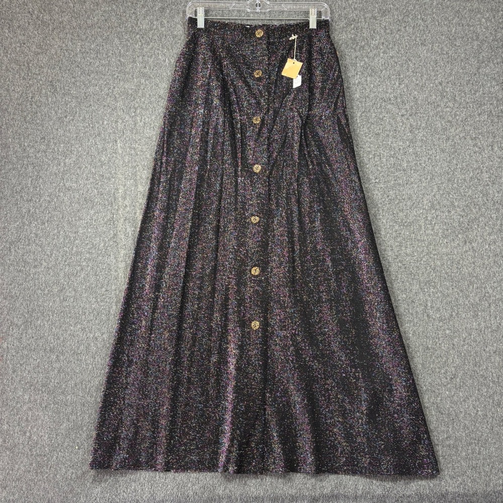Vintage Rainbow Metallic Glitter Maxi Skirt Black Button Front High Waist 10 NEW